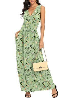 Lilbetter Women's Ju Bai Green Sleeveless Deep Loose Plain Maxi Casual Dress